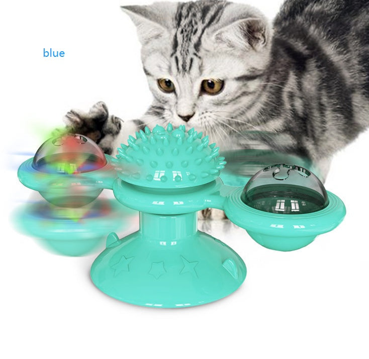 Cat playing with a teal rotating toy with colorful lights