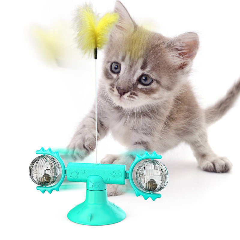 Cat playing with a teal and yellow toy on a white background