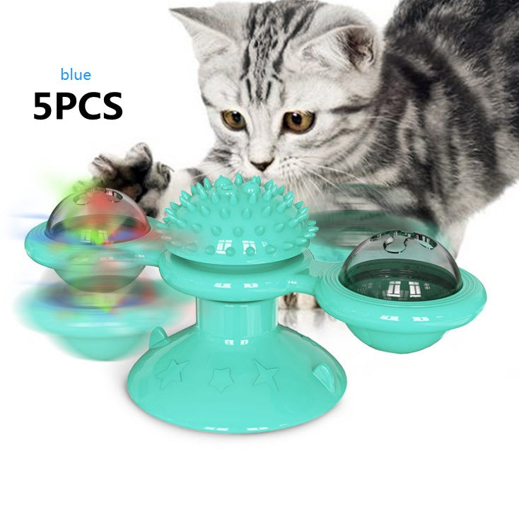 Cat playing with a teal rotating toy with three compartments, labeled '5PCS' and 'blue'.