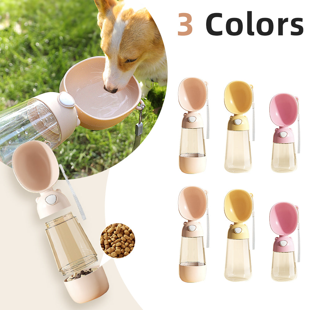 Pet water bottle with a dog drinking from a bowl, shown in three colors.