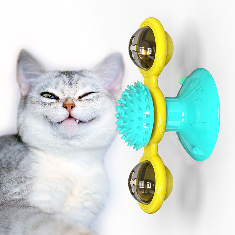 Cat playing with a yellow and teal pet toy on a white background