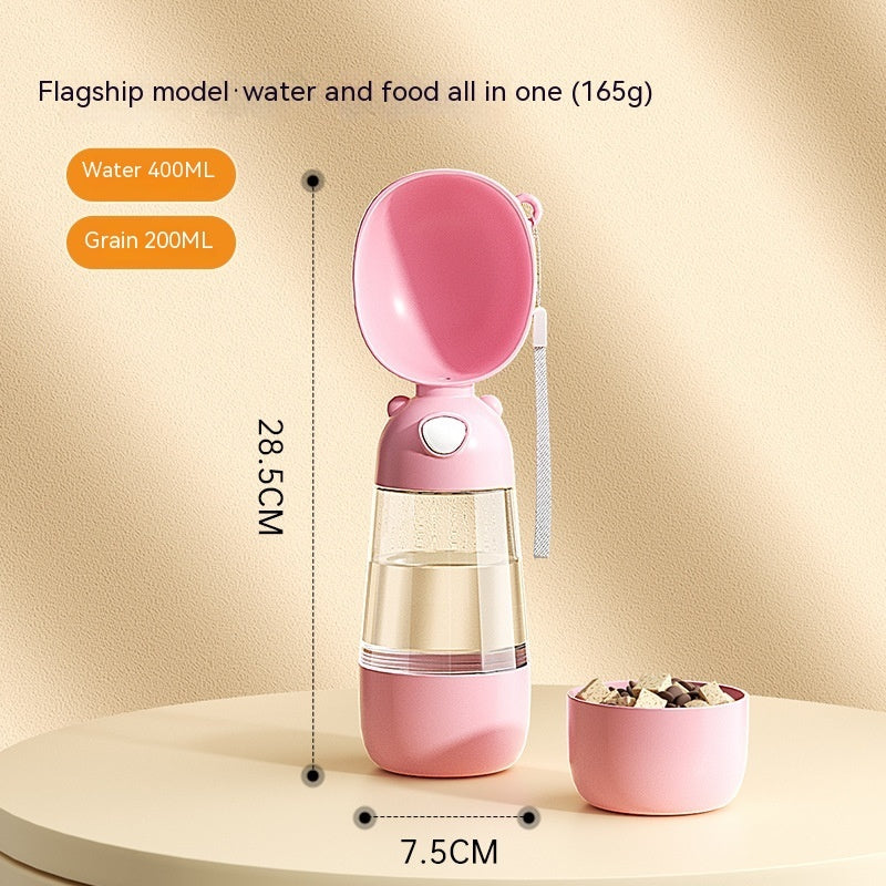 Pink pet water and food dispenser with measurements on a beige background