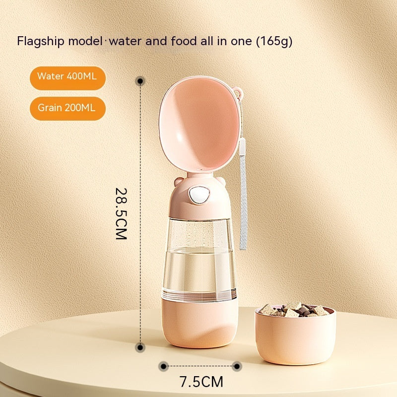Pet water and food dispenser with measurements on a beige background