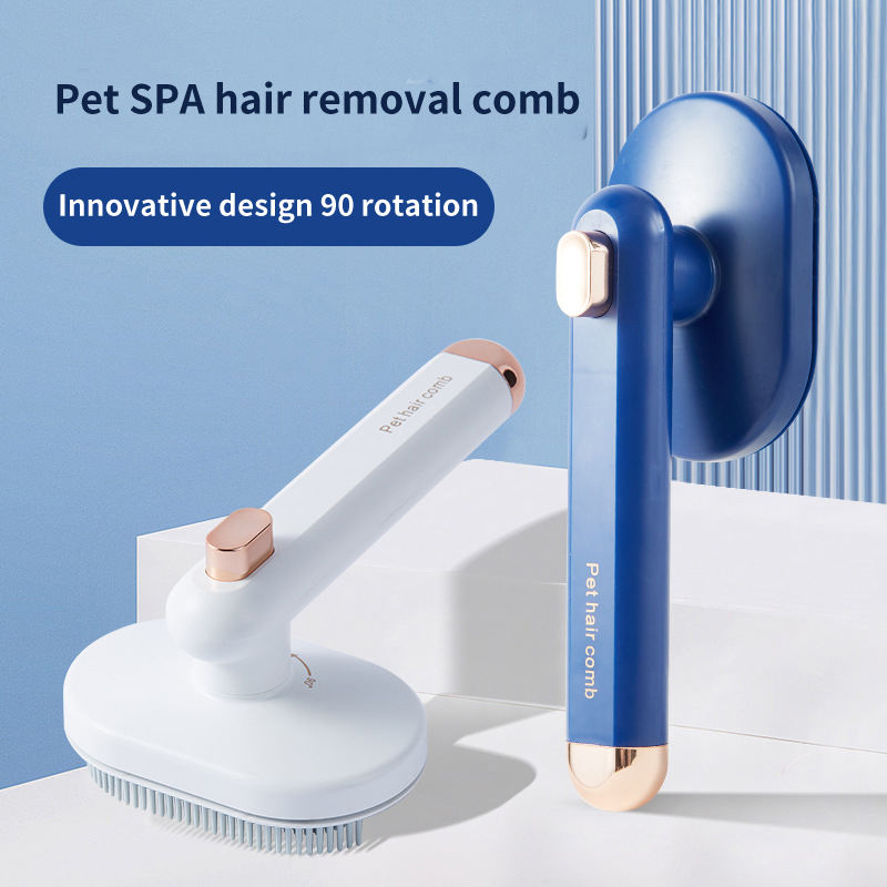 Pet SPA hair removal comb with blue and white design on a light blue background
