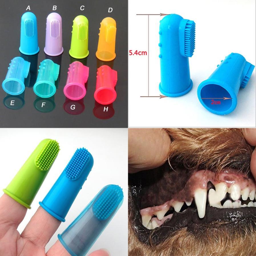 Collage of colorful finger toothbrushes with measurements and a close-up of a dog's mouth.