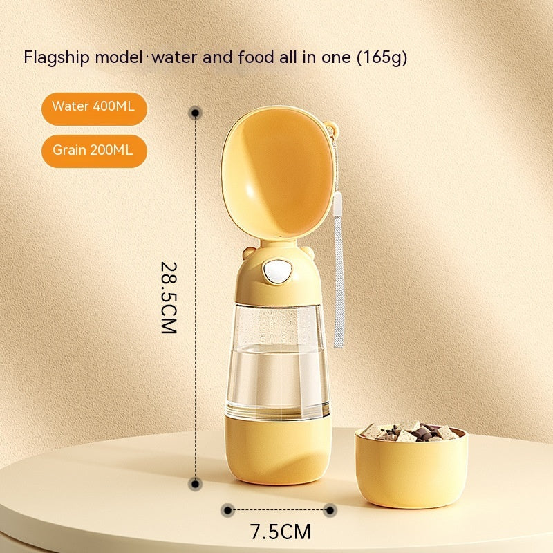 Yellow pet water and food dispenser with measurements on a beige background