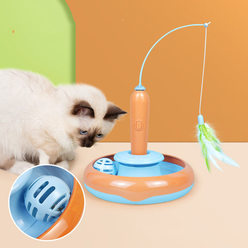 Cat playing with a fishing toy on a colorful background