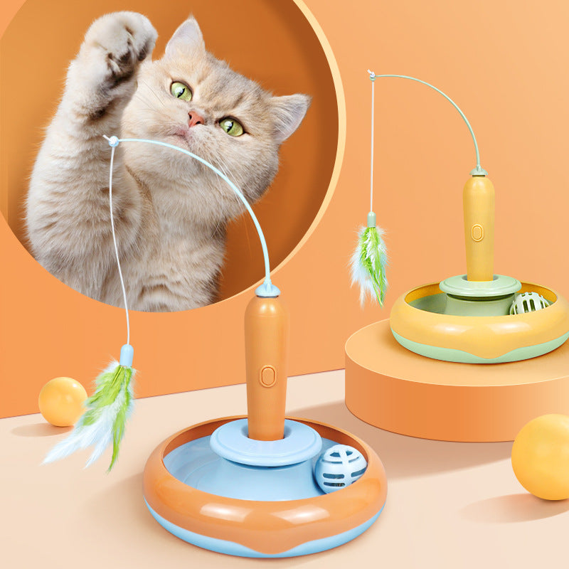 Cat playing with a toy, with a close-up of the cat's face on an orange background