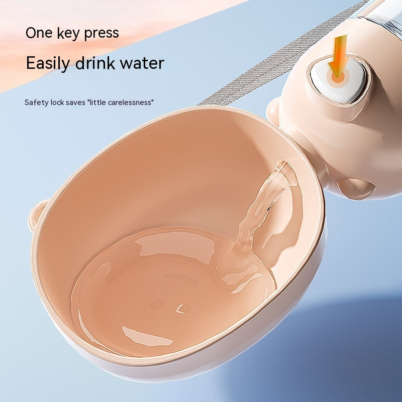 Beige pet water bowl with water flowing into it on a light blue background