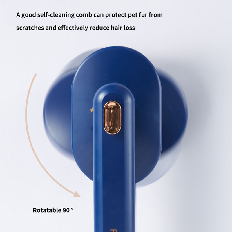 Blue pet grooming comb with text about self-cleaning benefits on a light gray background